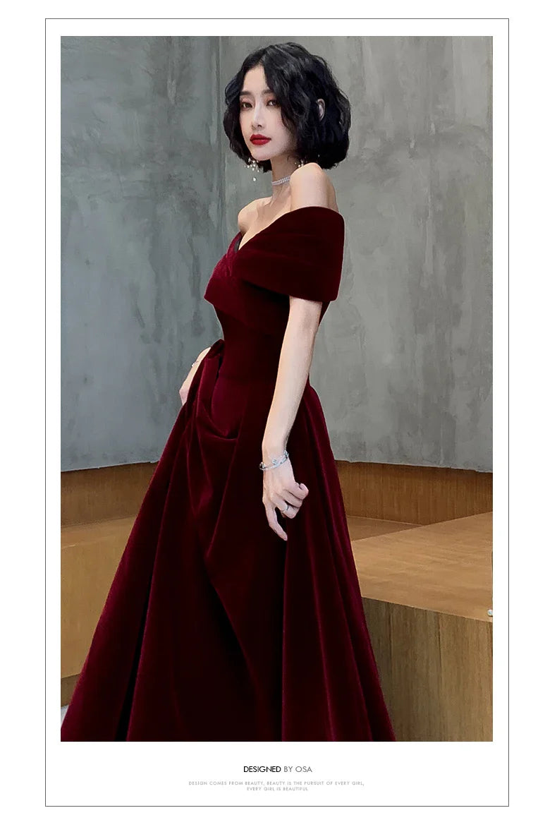 Spring Long Luxury Elegant Wine Red Soft Velvet Evening Party Wedding Dresses for Women 2022 Off Shoulder Maxi Dress