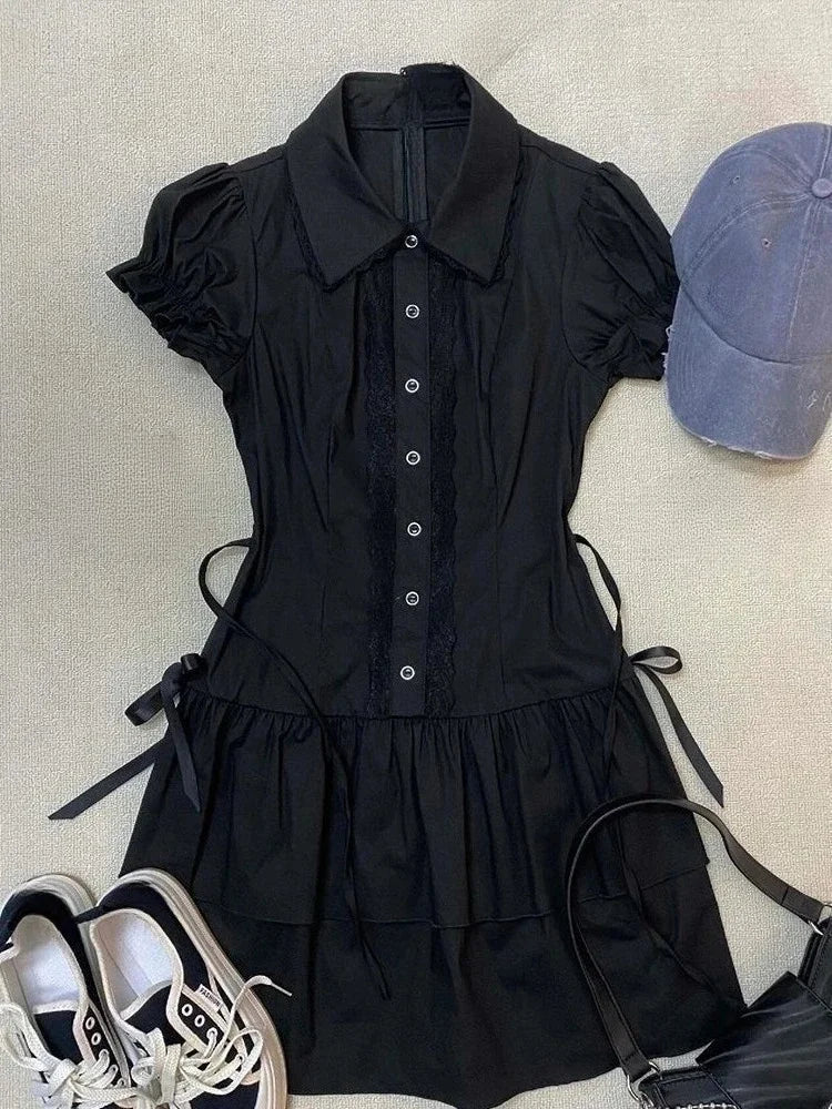 Summer French Elegant Bow Dress Women Gothic Black Vintage Mini Dress Sweet Fashion Off Shoulder Slim Fit Chic Party Outfits New