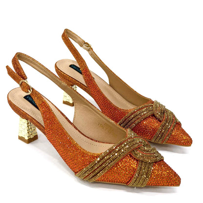 Special Design High Quality Orange Color African Women Shoes and Bag Set with Shinning Crystal for Wedding Party