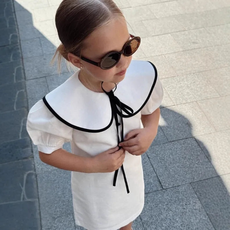 2-8Yrs Kids Girls Summer Dress Colorblock Doll Collar Elegant British-French Style Princess Dress UNITIM Children Girl Dress