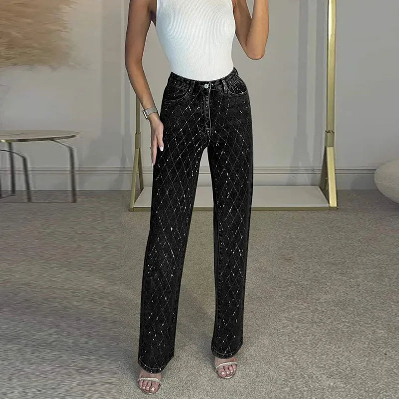 Y2K Women Rhinestone-Shaped Denim Trousers