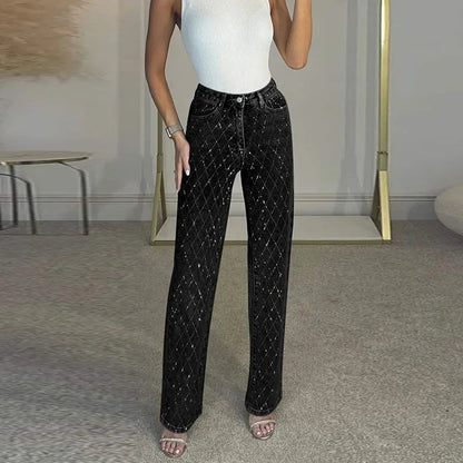 Y2K Women Rhinestone-Shaped Denim Trousers