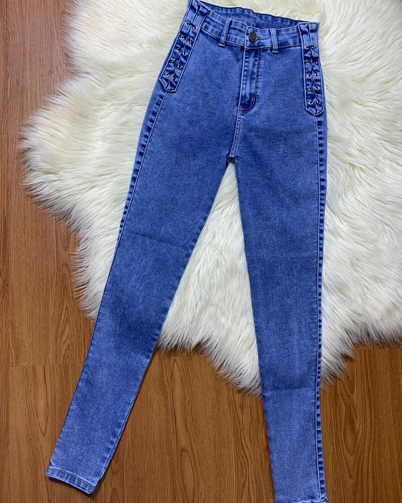 New Curved Fit Pants Distress Jean Women's High Waist Personalized Jeans Trousers