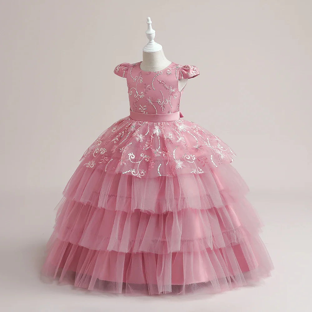 Vestidos de Festa para Meninas Daminhas de Flores de Verão Vestido Elegante de Tule para Casamento Princesa Formatura Vestido Infantil para Menina com Laço para Aniversário e Noite