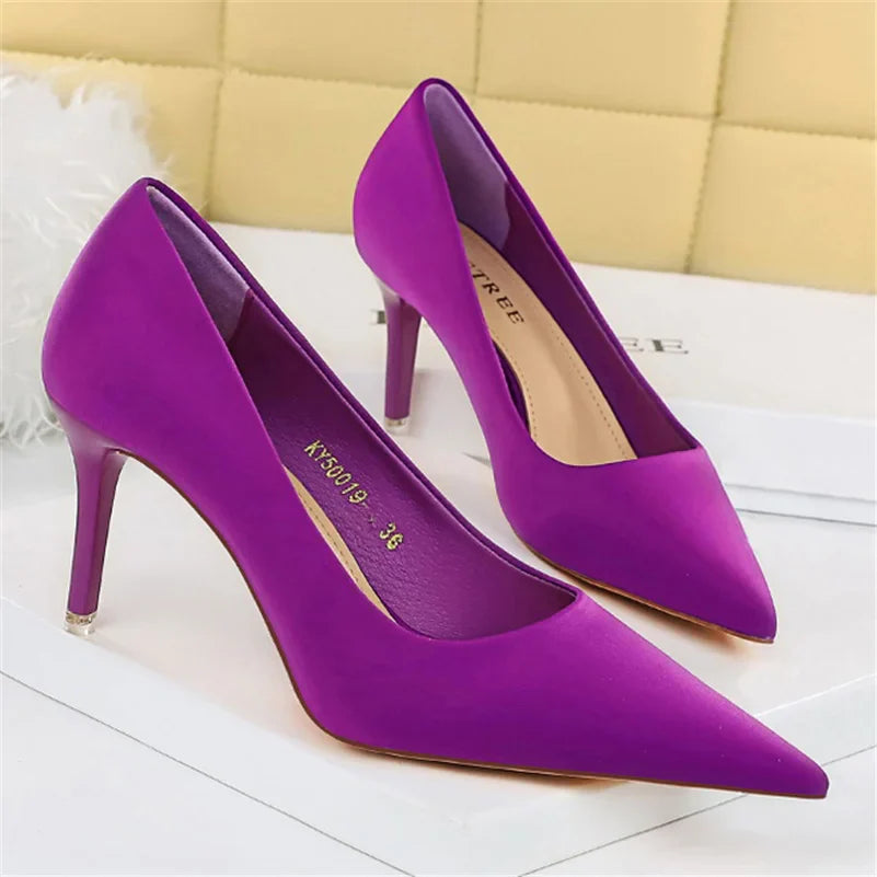 Women 7.5cm 10.5cm High Heels Scarpins Silk Satin Pumps Lady Quality Green Purple Fetish Wedding Bridal Mid Low Heels Prom Shoes