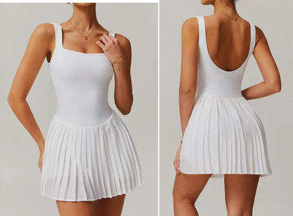 Workout Tennis Dress with Built in Shorts Square Neck Padded Workout Dress with Pockets Golf Athletic Mini Dresses