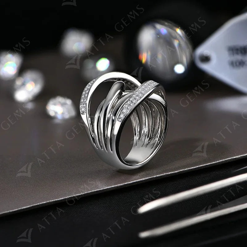 S925 Sliver Moissanite Rings for Women 18K Plated D Color VVS1 Diamond Crossover Wedding Band Party Fine Jeweley Gift