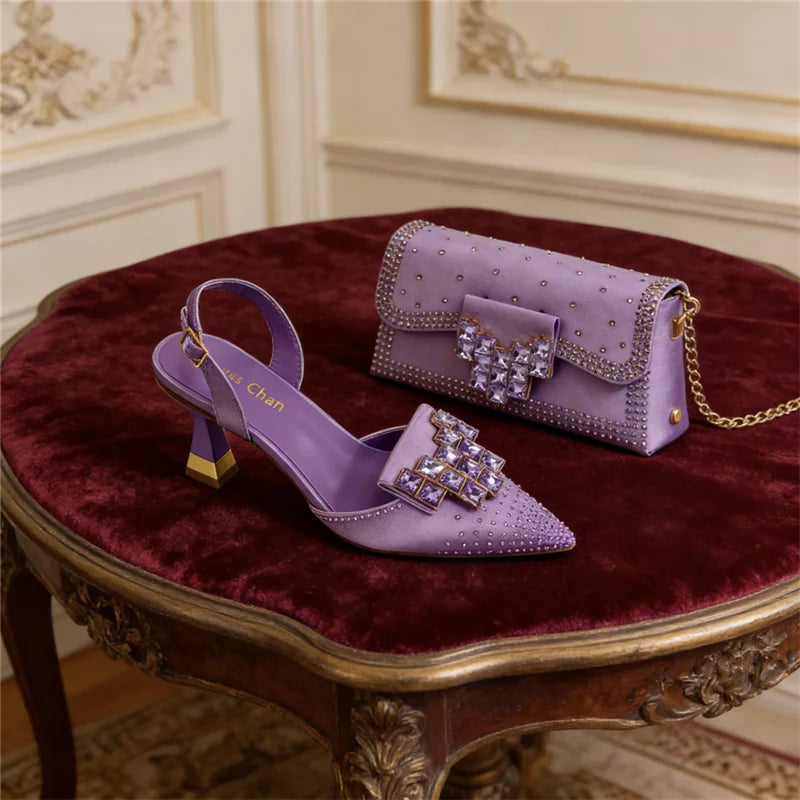 Italian Fashion Design Shoes and Bags Matching Set  High Heels green Color Rhinestones Elegant Women Shoes for Party