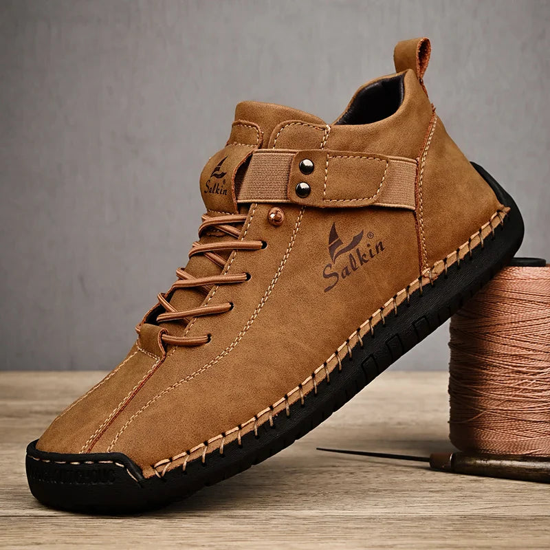 New 2025 Handmade Leather Casual Men Shoes Design Sneakers Man Breathable Leather Shoes Ankle Boots Outdoor Non Slip Walking