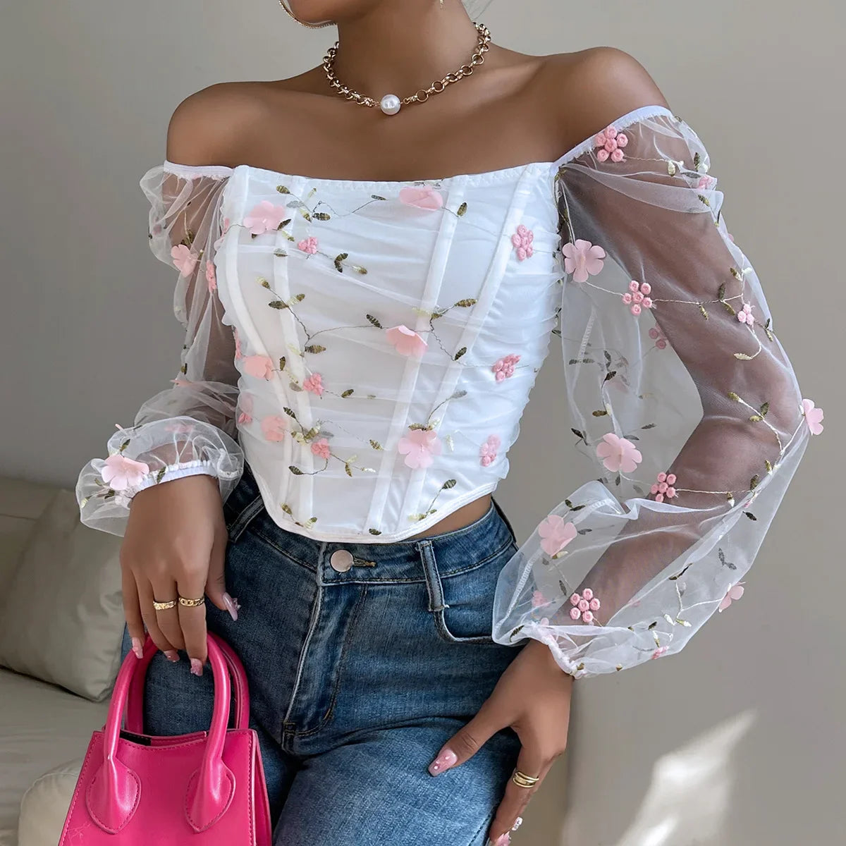 White Gauze Corset Bone Cropped Top Sexy Floral Backless Long Sleeve French Summer Women's Slim Bustier Tank Top