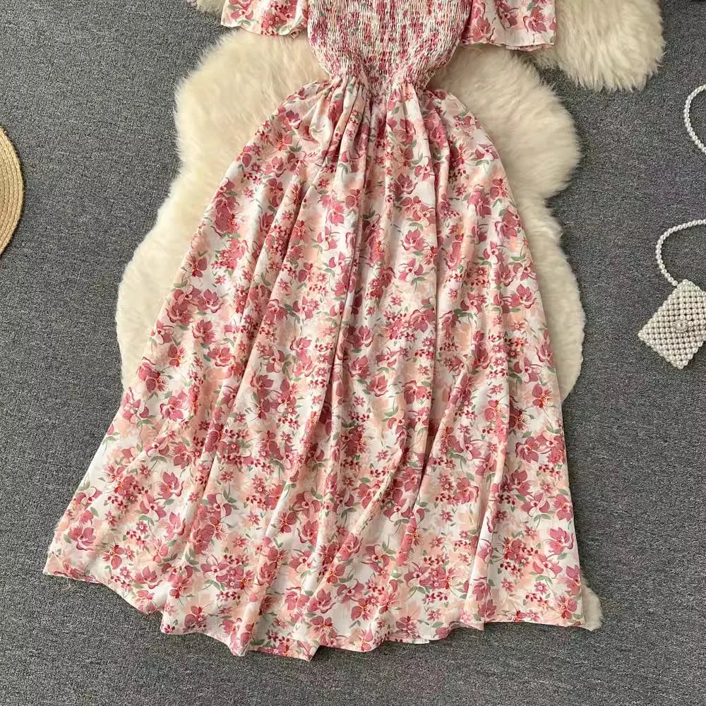 Romantic Floral Print Long Summer Dress Women Fashion Off Shoulders Straps Vacation Beach Dress Korean Party Vestidos