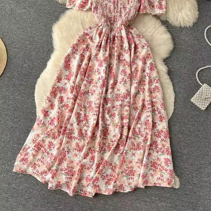 Romantic Floral Print Long Summer Dress Women Fashion Off Shoulders Straps Vacation Beach Dress Korean Party Vestidos