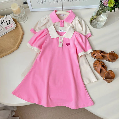 Girls Cotton Lapel Collar Dress Cute Solid Color  Pink  A-line Dress Kids Casual Skin-friendly Daily  Dress
