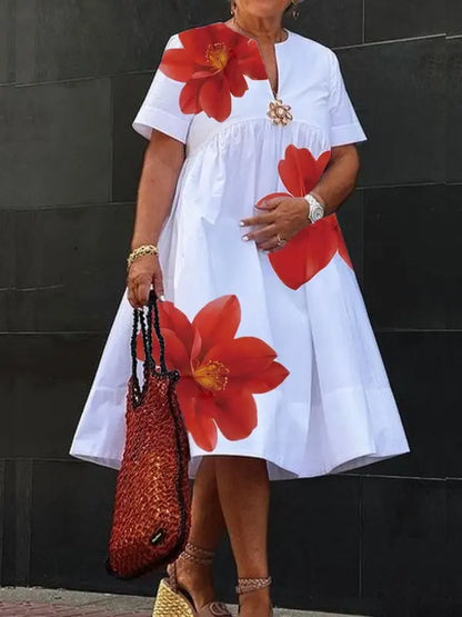 Women's Summer New Dress 2025 V-Neck Pleated Short Sleeves White Loose Flower Print Casual Midi Dresses for Woman