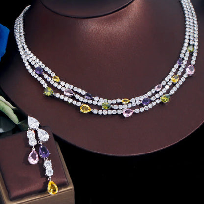 Shiny Colorful Cubic Zirconia 3 Rows Multi Layer Bridal Wedding Choker Necklace Earrings Jewelry Set for Women TZ784