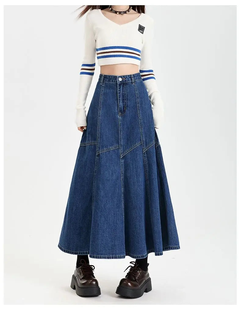 Women Blue A-line Denim Skirt Vintage Aesthetic Y2k Patchwork New Jean Skirt Harajuku Korean Cowboy Skirts 2000s Clothes Summer