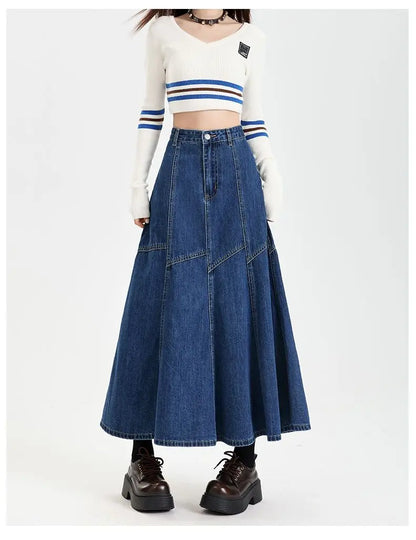Women Blue A-line Denim Skirt Vintage Aesthetic Y2k Patchwork New Jean Skirt Harajuku Korean Cowboy Skirts 2000s Clothes Summer