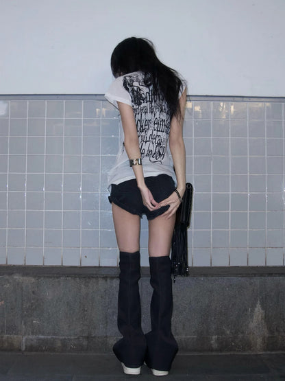 Japanese Y2k Letter Print T-shirt Trashy 2000s Style Tattoo T Shirt Vintage Harajuku Short Sleeve Sheer Tops Grunge Goth