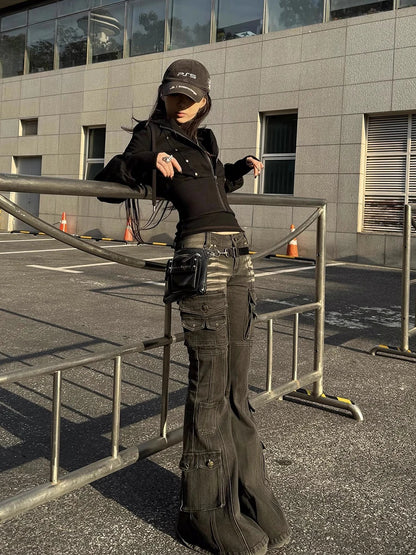 Black Low Waist Cargo Jeans 2000s Distressed Whiskers Multi-pocket Stretch Bootcut Pants Women Retro Grunge Streetwear
