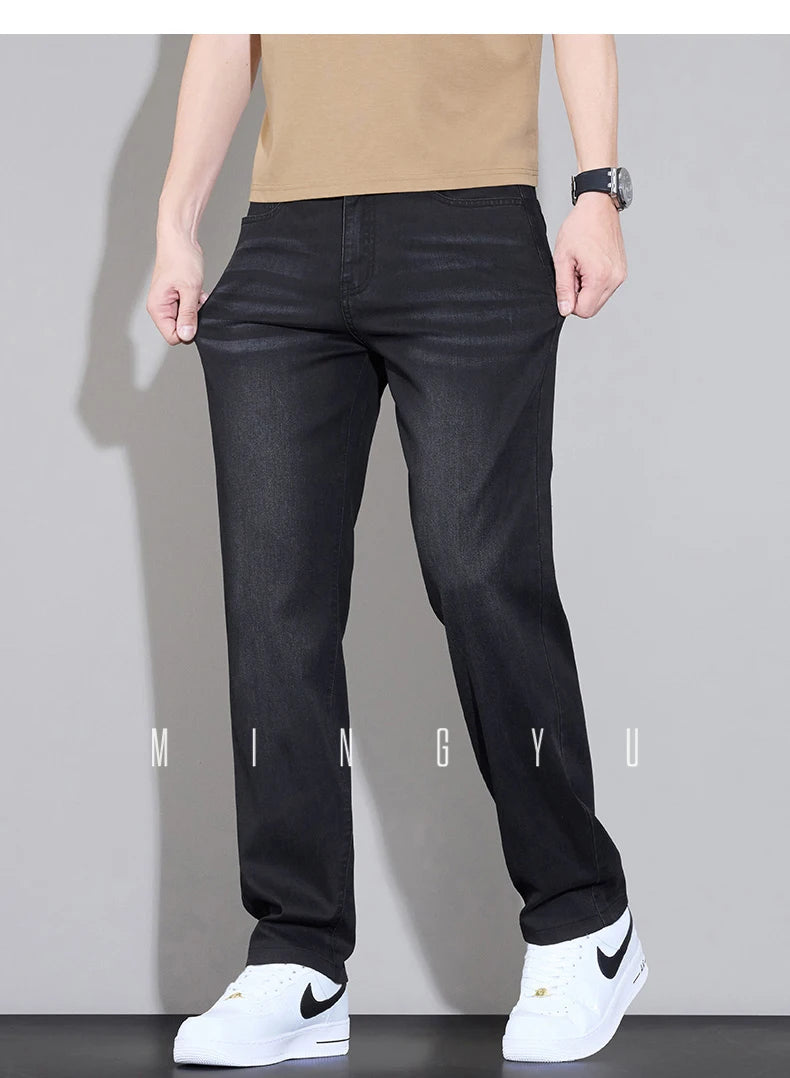 Spring Summer Brand Clothing Lyocell Fabric Men's Jeans Classic Business Straight Denim Pants Work Trousers Male Plus Size 29-40
