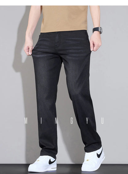 Spring Summer Brand Clothing Lyocell Fabric Men's Jeans Classic Business Straight Denim Pants Work Trousers Male Plus Size 29-40