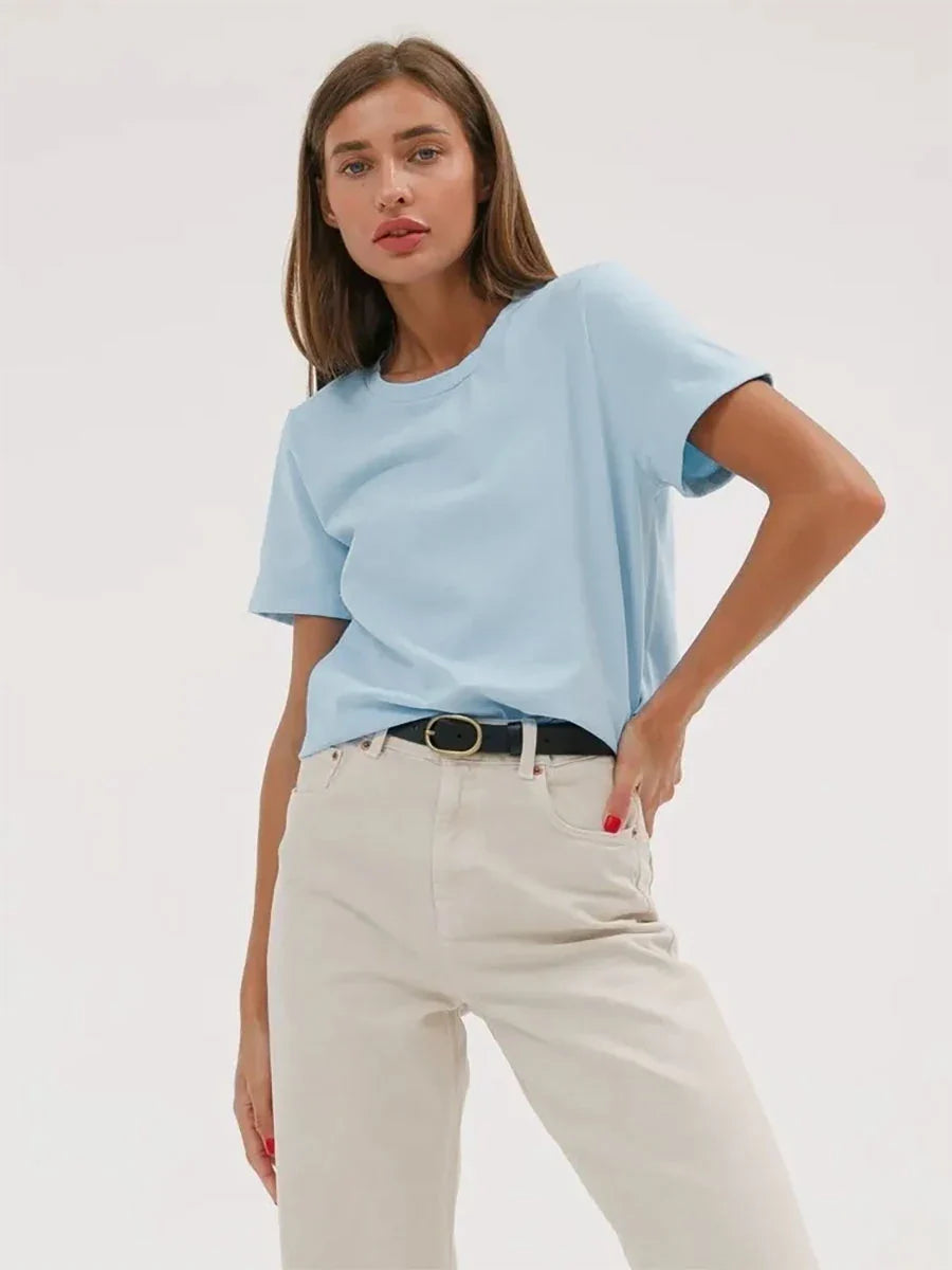 Summer 100% Cotton Women's T-shirt Bottoming Basic Fashionable Solid Lady Short Sleeve Loose Tops Shirts 230g/㎡ Tops