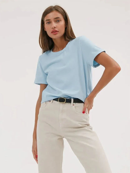Summer 100% Cotton Women's T-shirt Bottoming Basic Fashionable Solid Lady Short Sleeve Loose Tops Shirts 230g/㎡ Tops