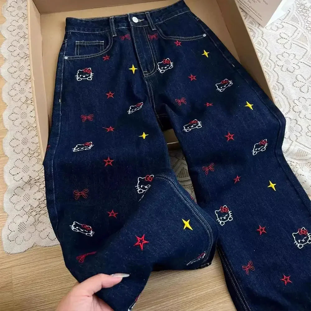 American Style Y2K Hello Kitty Denim Pants Sanrios Anime Girls Jeans Kawaii New Women Summer Cat Embroidered Slim Straight Pants