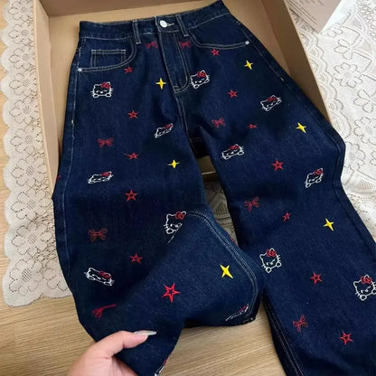 American Style Y2K Hello Kitty Denim Pants Sanrios Anime Girls Jeans Kawaii New Women Summer Cat Embroidered Slim Straight Pants