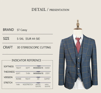 Dark blue 3 Piece Checkered Suit Set  Stylish Business Office Wedding Formal Outfit Elegant full man suit