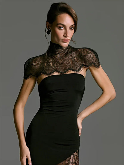 Lace Backless Sexy Mini Dress Women Gown Elegant See Through Turtleneck Sleeveless Bodycon Club Party Dresses Female