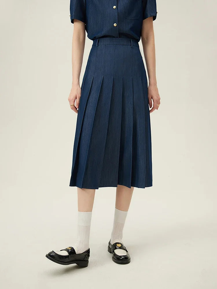 2025 New Arrival Women Zipper Waist Office Lady Elegant Grey Skirt Pleated Design Navy Blue Color Long Skirt Daily Outfits