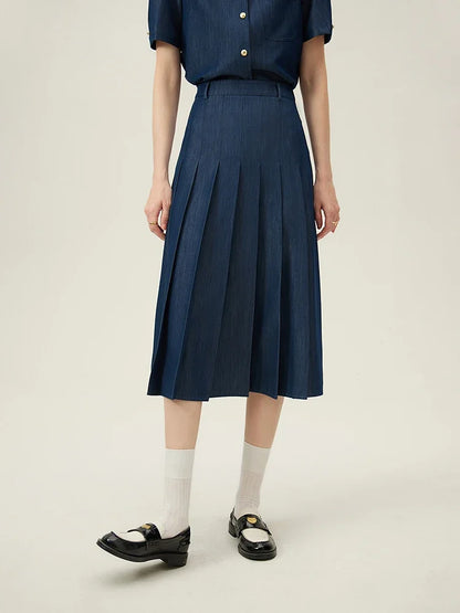 2025 New Arrival Women Zipper Waist Office Lady Elegant Grey Skirt Pleated Design Navy Blue Color Long Skirt Daily Outfits