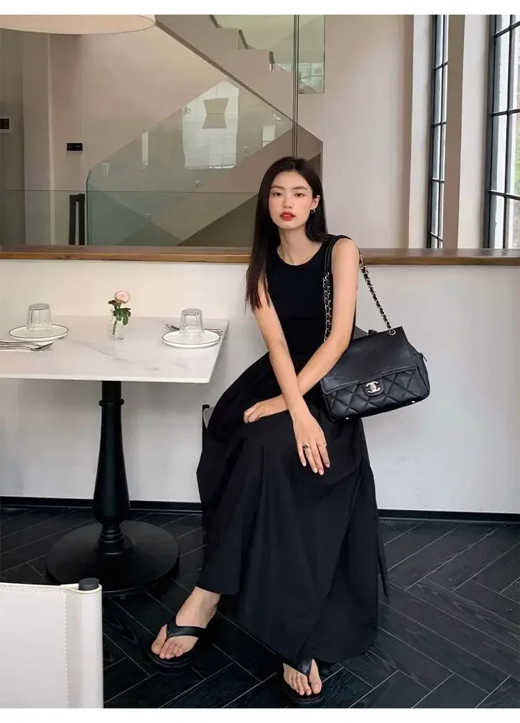 New Vintage Black Tank Top Midi Dress Wedding Dresses for Women Clothing O Neck Office Lady Casual Pockets Women's Clothing