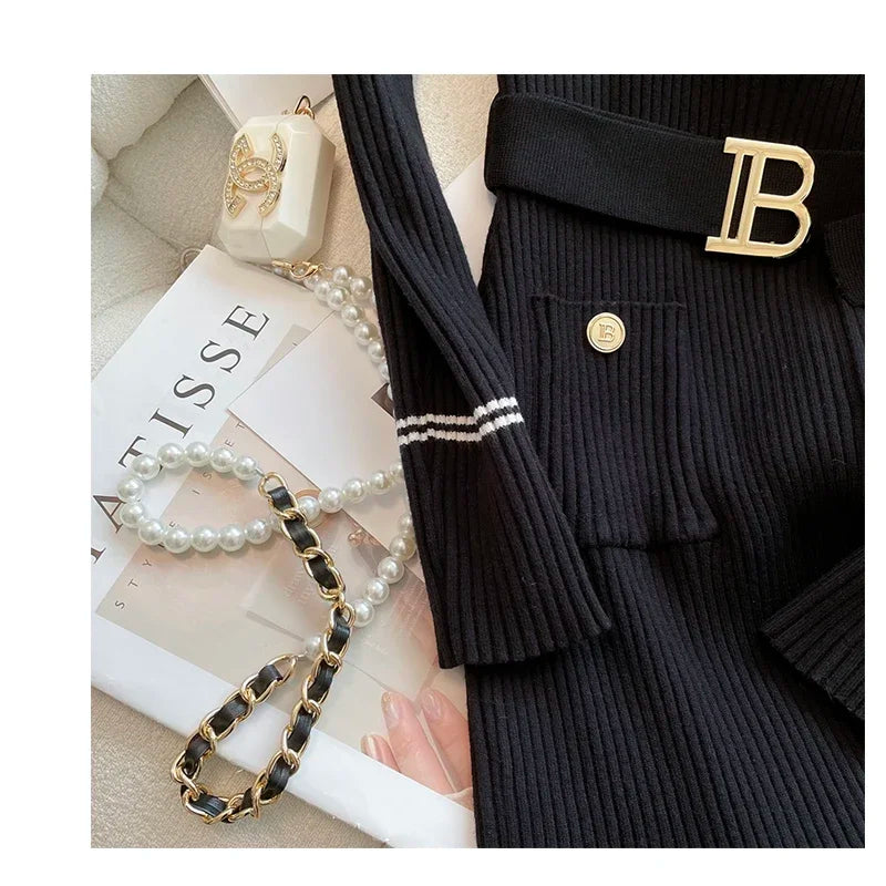 Autumn Winter Women Knitted Dress Brand Fashion O-neck Buttons Bodycon Sweater Dress with Belt Lady Office Dress