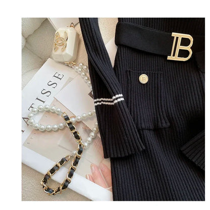 Autumn Winter Women Knitted Dress Brand Fashion O-neck Buttons Bodycon Sweater Dress with Belt Lady Office Dress