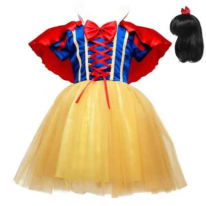 Vestido de princesa Branca de Neve para meninas com capa, fantasia de Halloween de verão, conjunto de roupas infantis, vestidos de menina
