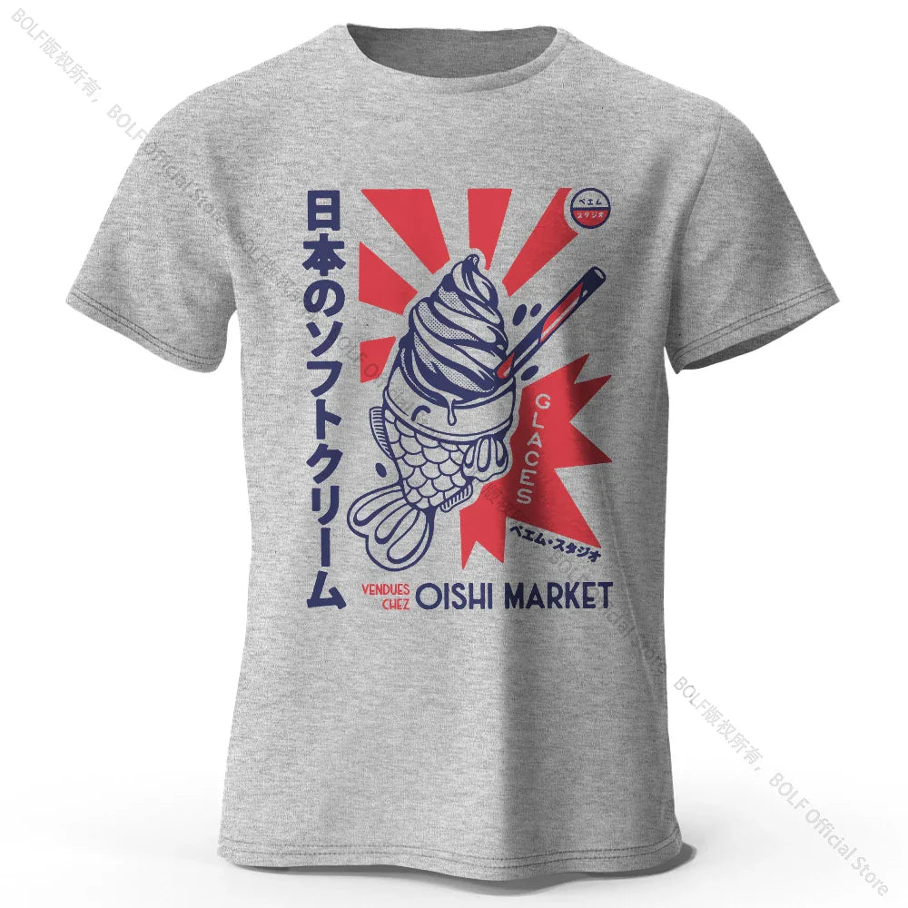 Japanese Foodie Print 100% Cotton T-Shirt, Soft & Breathable Round Neck Short Sleeve Tee, Unisex Cute & Cultural Style