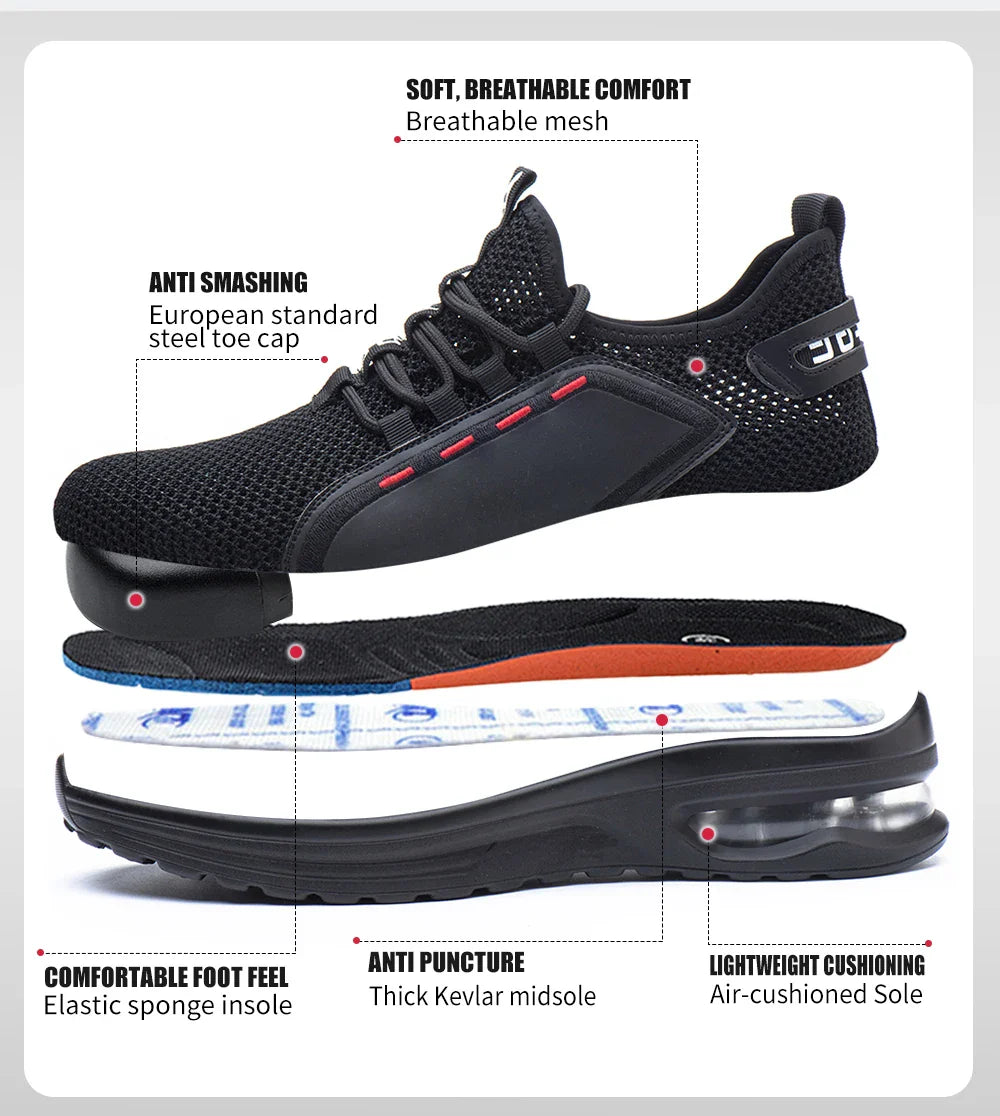 Men's Summer Mesh Safety Shoes Steel Toe Anti- Crush Breathable Lightweight Work Shoes Knitted Upper Kevlar Insertion Proof
