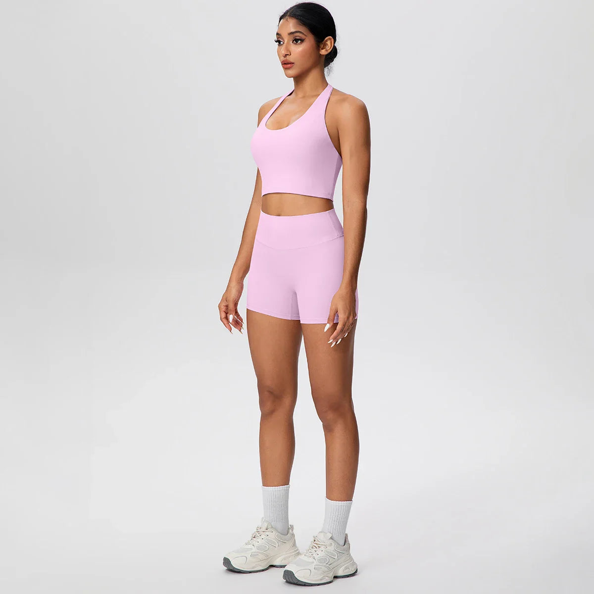 2picese Women Yoga Suit Solid Color High Waist Hip Push Up Fitness Shorts Sexy Pilates Backless Gym Hanging Neck Bra Yoga Set