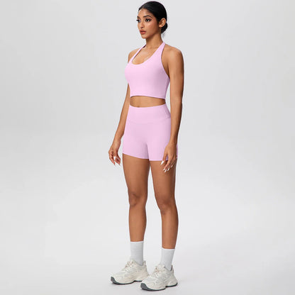 2picese Women Yoga Suit Solid Color High Waist Hip Push Up Fitness Shorts Sexy Pilates Backless Gym Hanging Neck Bra Yoga Set