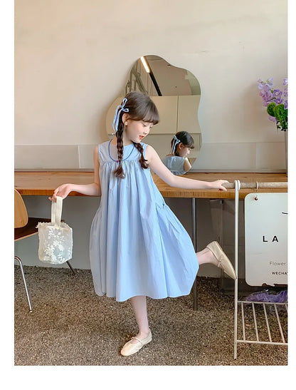 Summer Junior Girl Sleeveless Dress Solid Side Big Pockets Blue Ruched Dress For 2-10Y Girls Casual Round Collar Baby Girl Dress