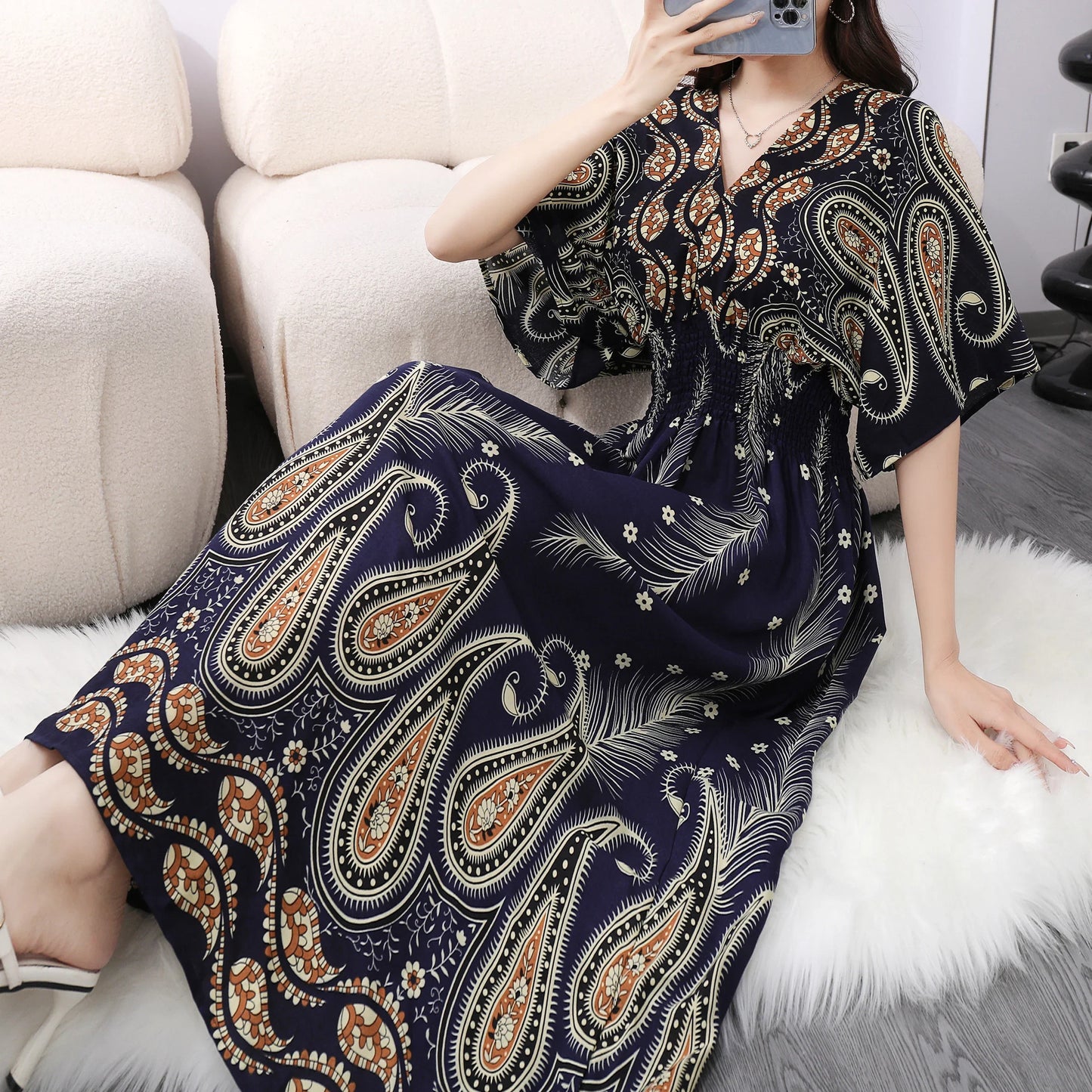 Flower V-neck Elastic Youthful Bohemian Sweet Midi Dress Woman Clothes Chic Fashion Summer Dresses 2025 Large Swing Ski