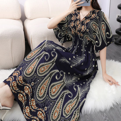 Flower V-neck Elastic Youthful Bohemian Sweet Midi Dress Woman Clothes Chic Fashion Summer Dresses 2025 Large Swing Ski
