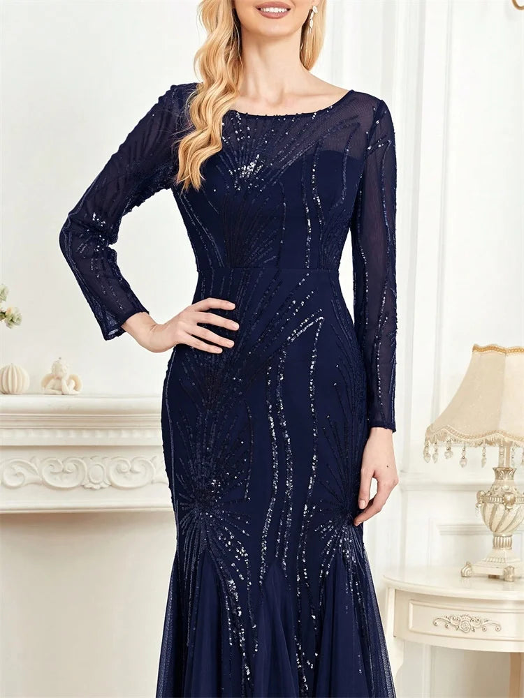 Elegant Long Sleeves Sequin Tulle Evening Dresses 2025 Women Luxury Mermaid Formal Bridesmaid Party Maxi Prom Dress