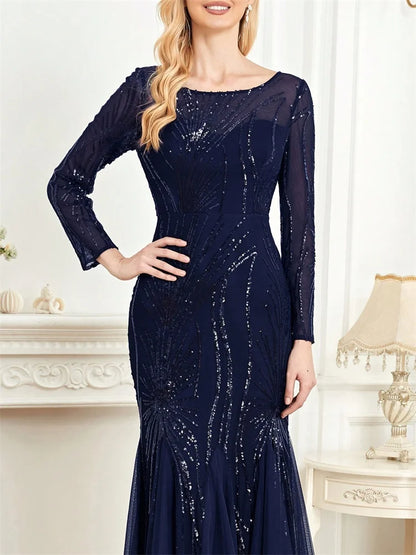 Elegant Long Sleeves Sequin Tulle Evening Dresses 2025 Women Luxury Mermaid Formal Bridesmaid Party Maxi Prom Dress