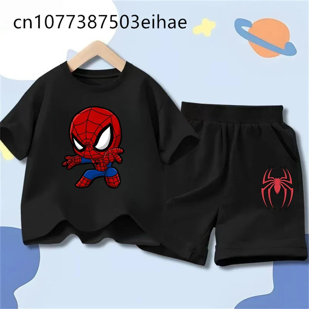 Spider-Man Trendy New Style Children Summer Outfit Cartoon Pattern Short Sleeve Tee Sports Shorts Loose Breathable Wear Gift