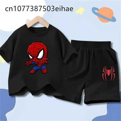 Spider-Man Trendy New Style Children Summer Outfit Cartoon Pattern Short Sleeve Tee Sports Shorts Loose Breathable Wear Gift