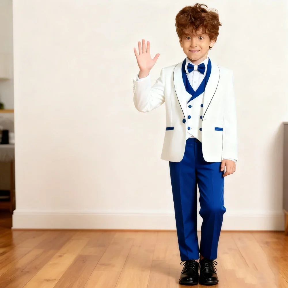 Classic White & Royal Blue Tuxedo Set for Boys 3-14 Yrs Communion Suit Jacket Vest Pants Bow Tie Elegant Shawl Collar Children