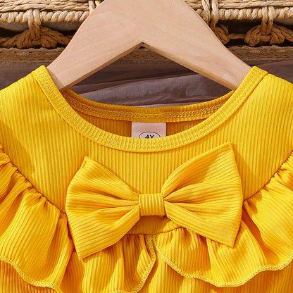 Girls 4-7 Yellow Summer Casual Dress, Front Ruffled Sleeve Design with Bow & Daisy Print Tulle Skirt, Daily Kids Outfit